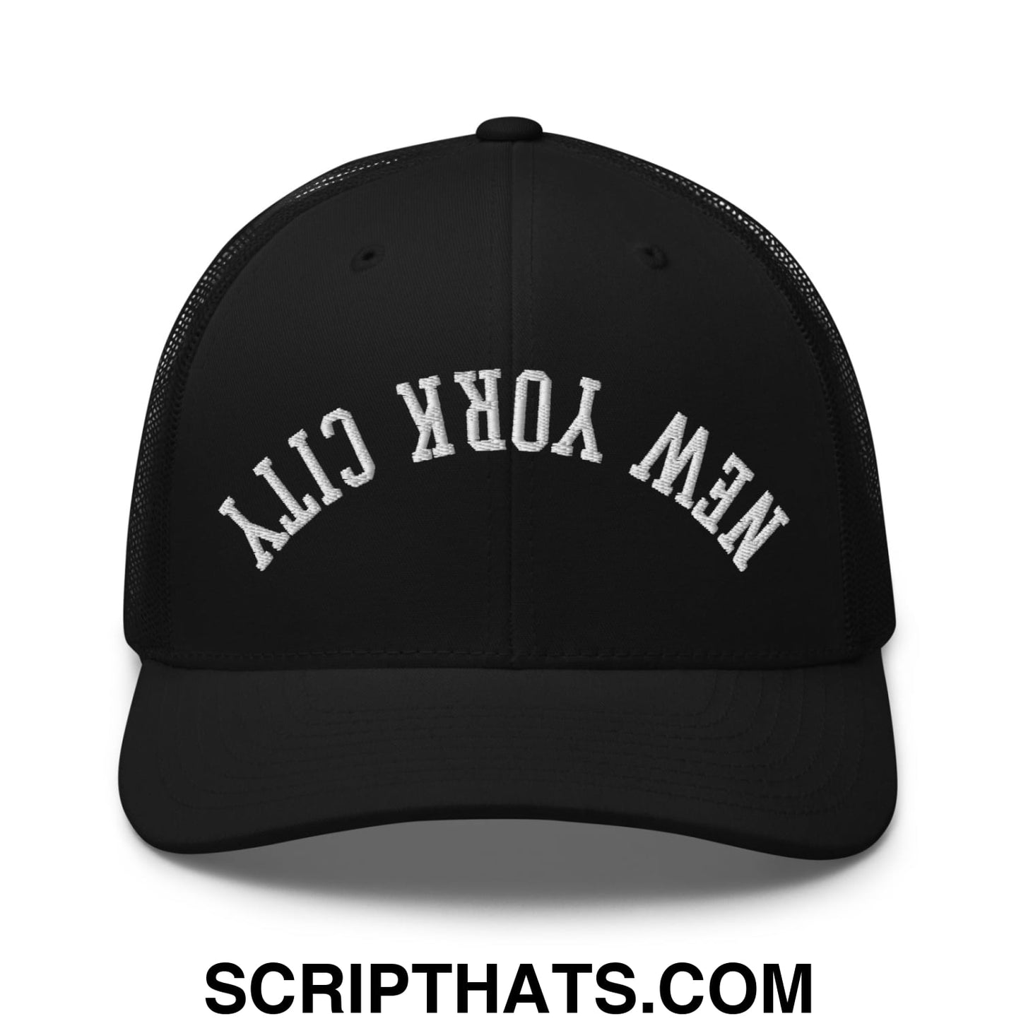 Upside Down New York City Embroidered Mesh Trucker Hat Black