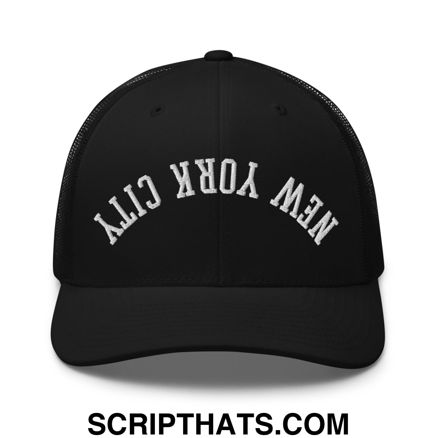 Upside Down New York City Embroidered Mesh Trucker Hat Black
