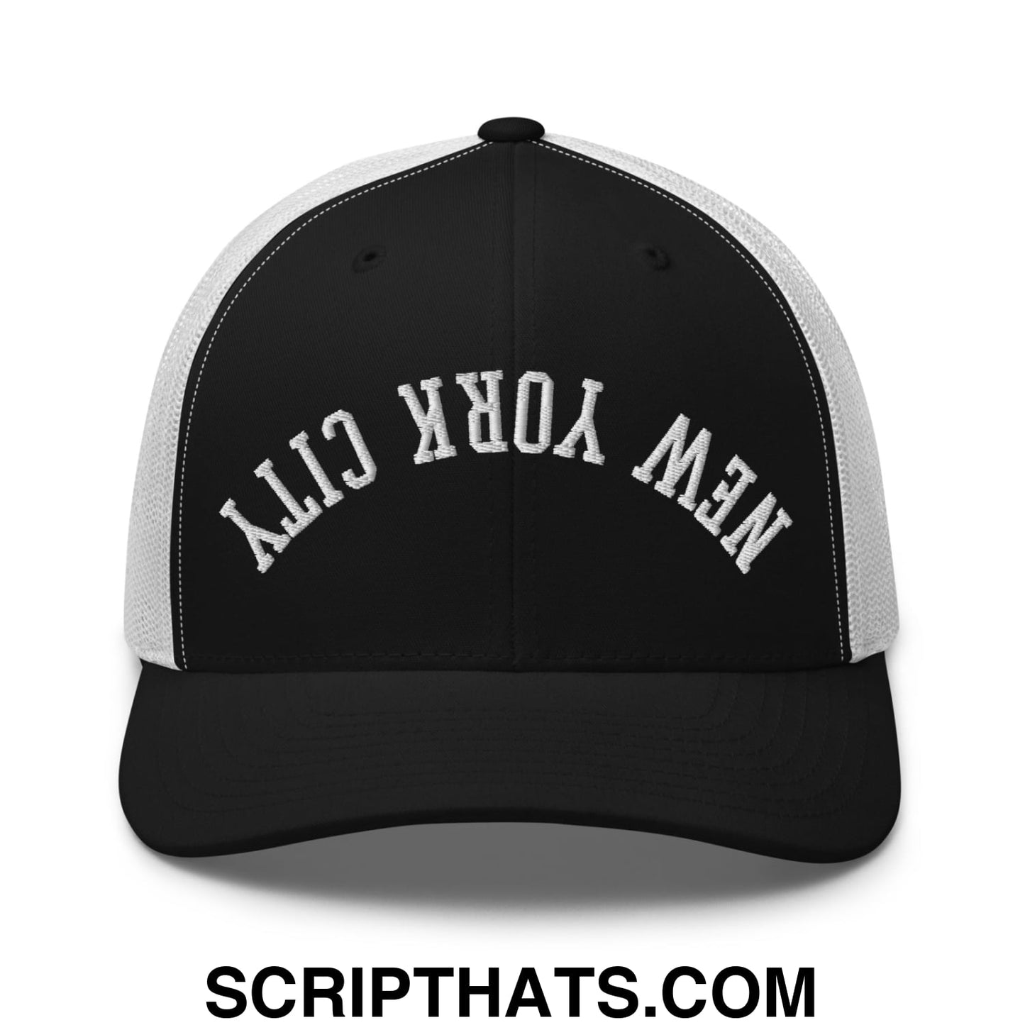Upside Down New York City Embroidered Mesh Trucker Hat Black White