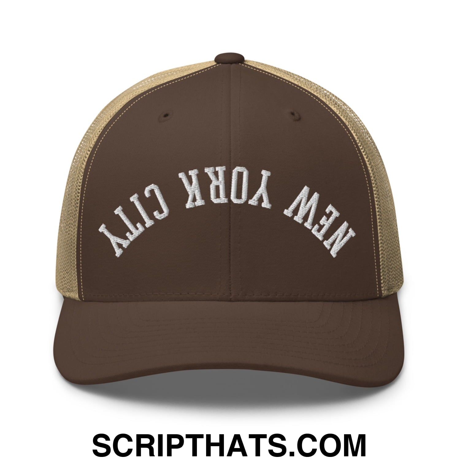 Upside Down New York City Embroidered Mesh Trucker Hat Brown Khaki