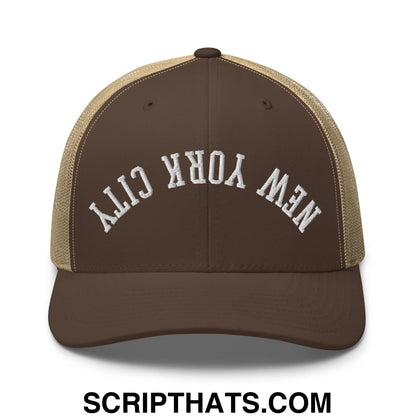 Upside Down New York City Embroidered Mesh Trucker Hat Brown Khaki