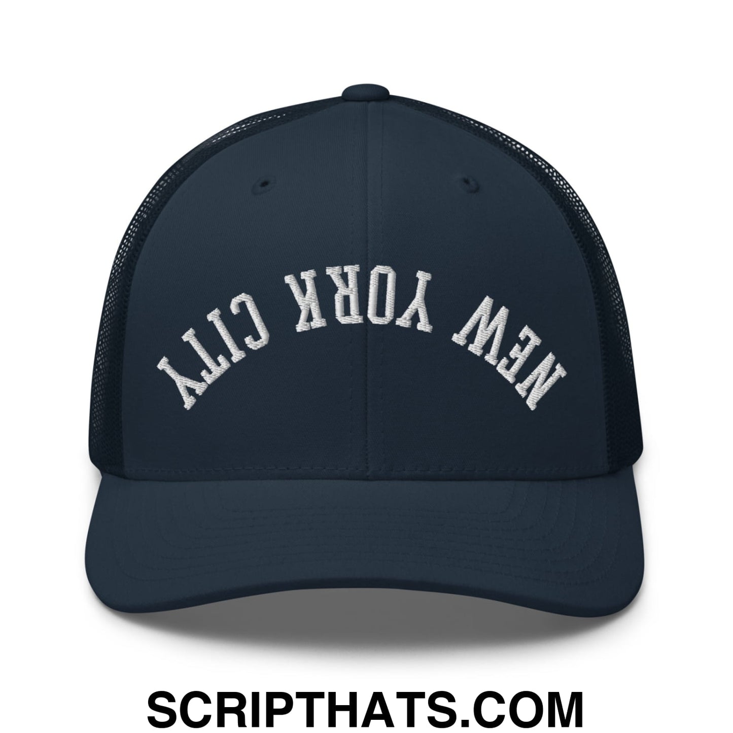 Upside Down New York City Embroidered Mesh Trucker Hat Navy