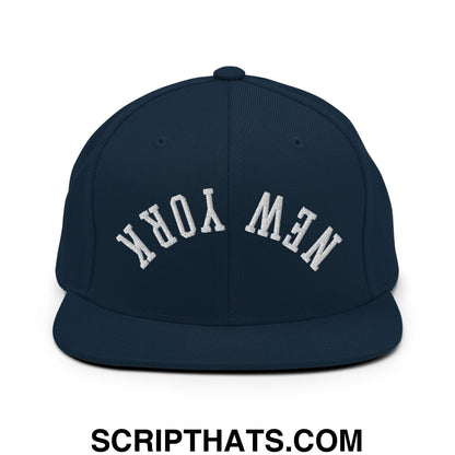 Upside Down New York Embroidered Flat Bill Brim Snapback Hat Dark Navy