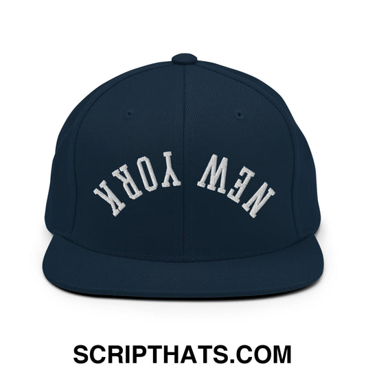 Upside Down New York Embroidered Flat Bill Brim Snapback Hat Dark Navy