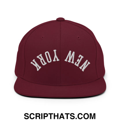 Upside Down New York Embroidered Flat Bill Brim Snapback Hat Maroon