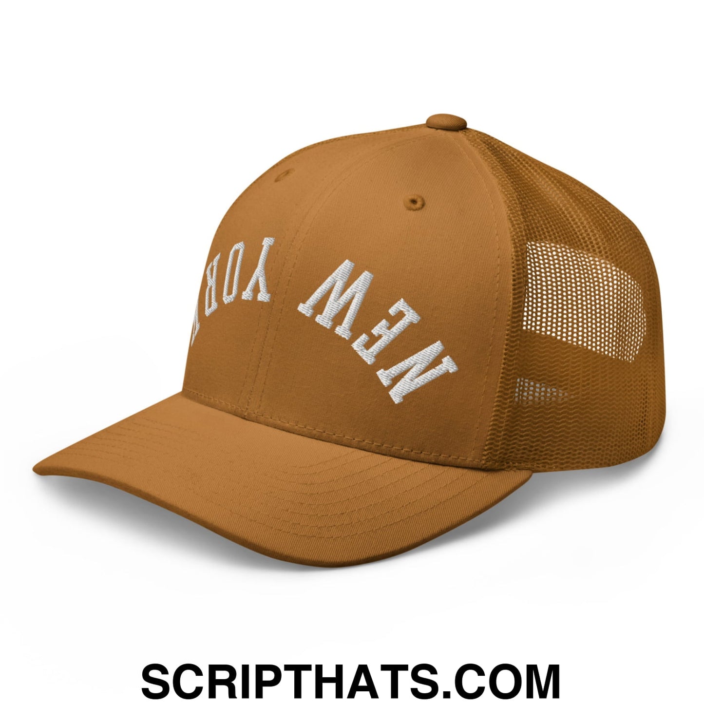 Upside Down New York Embroidered Mesh Trucker Hat Caramel