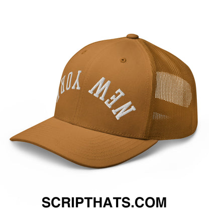Upside Down New York Embroidered Mesh Trucker Hat Caramel