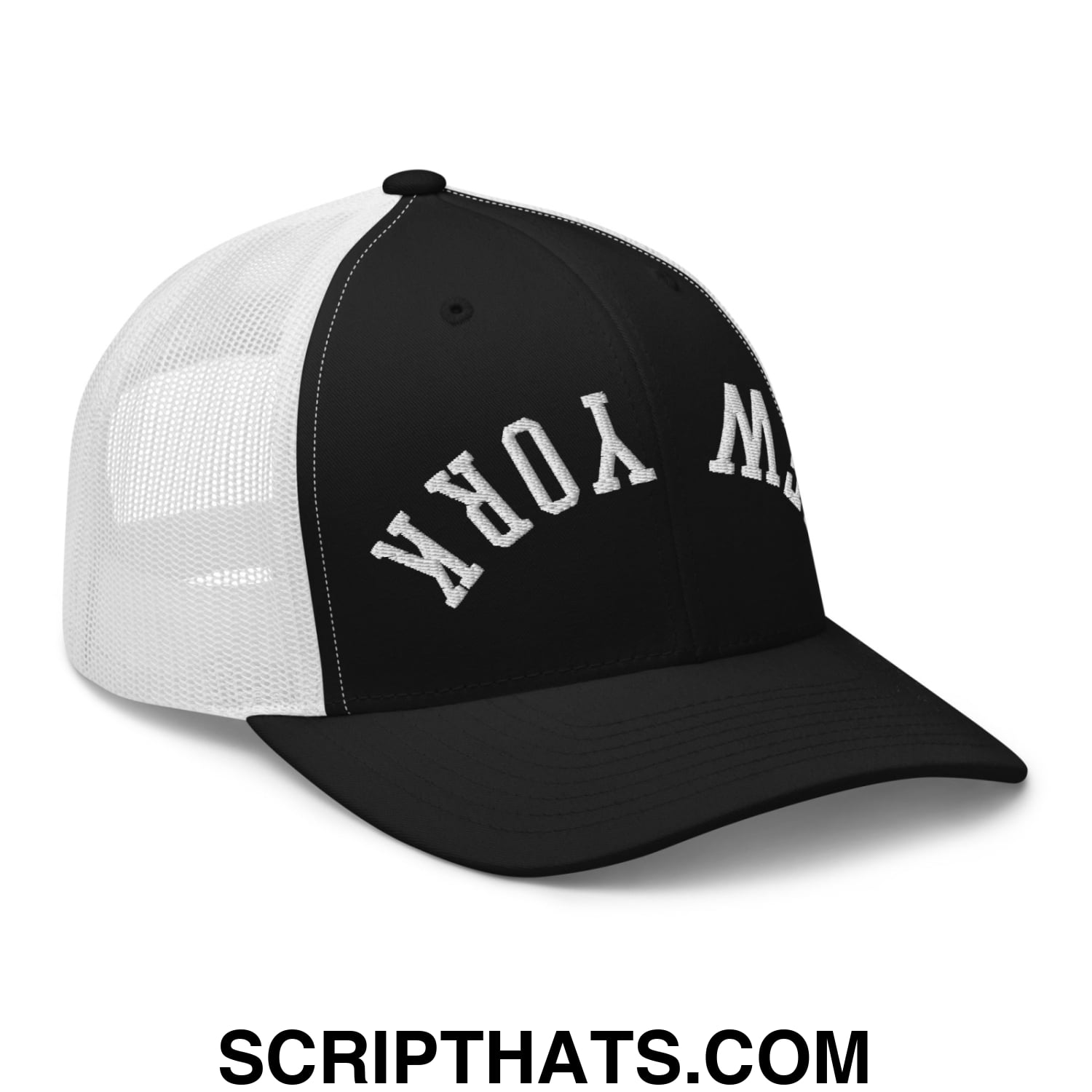 Upside Down New York Embroidered Mesh Trucker Hat Black White