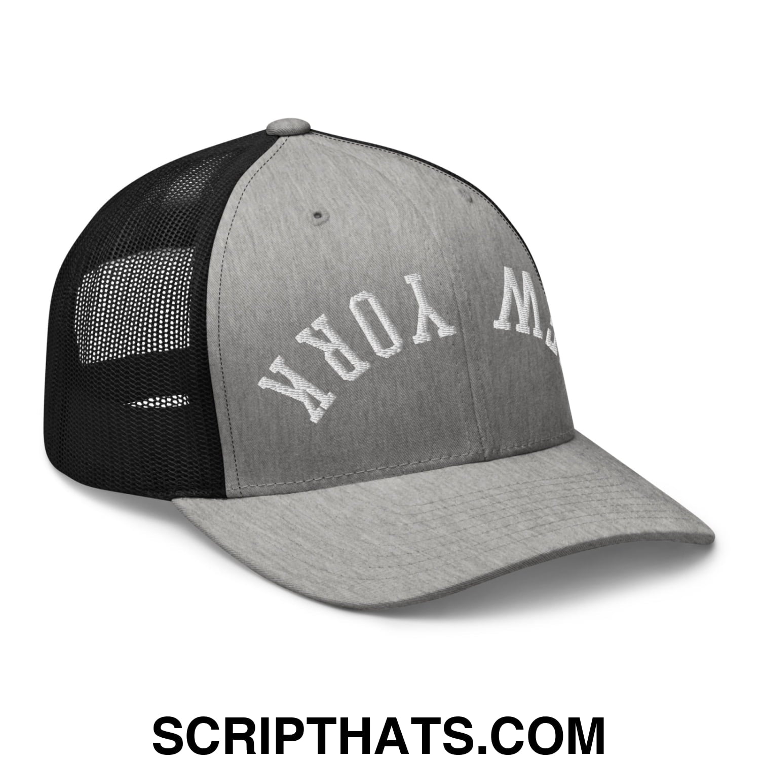 Upside Down New York Embroidered Mesh Trucker Hat Heather Black