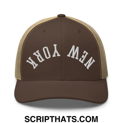 Upside Down New York Embroidered Mesh Trucker Hat Brown Khaki