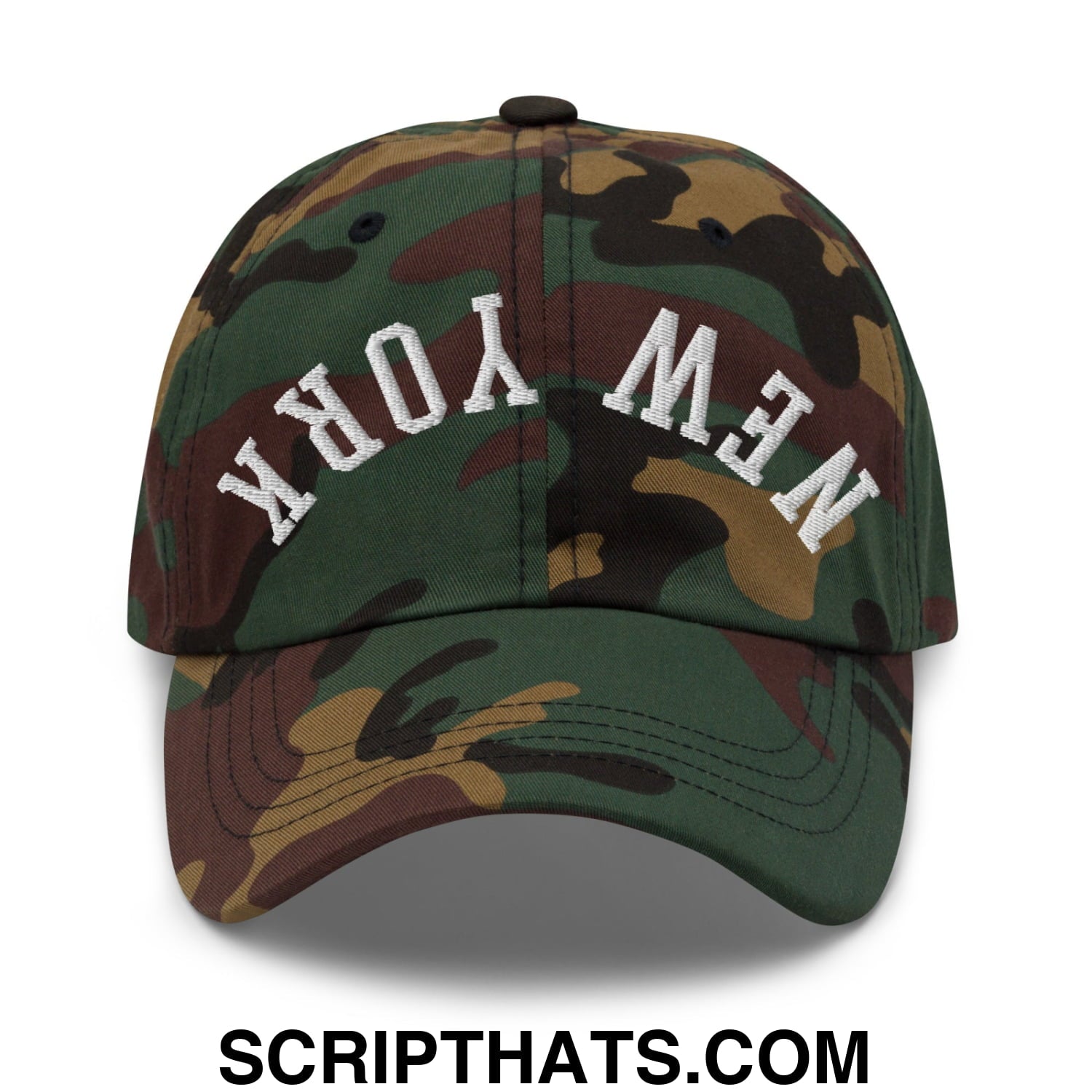 Upside Down New York Embroidered Unstructured Dad Hat Green Camo