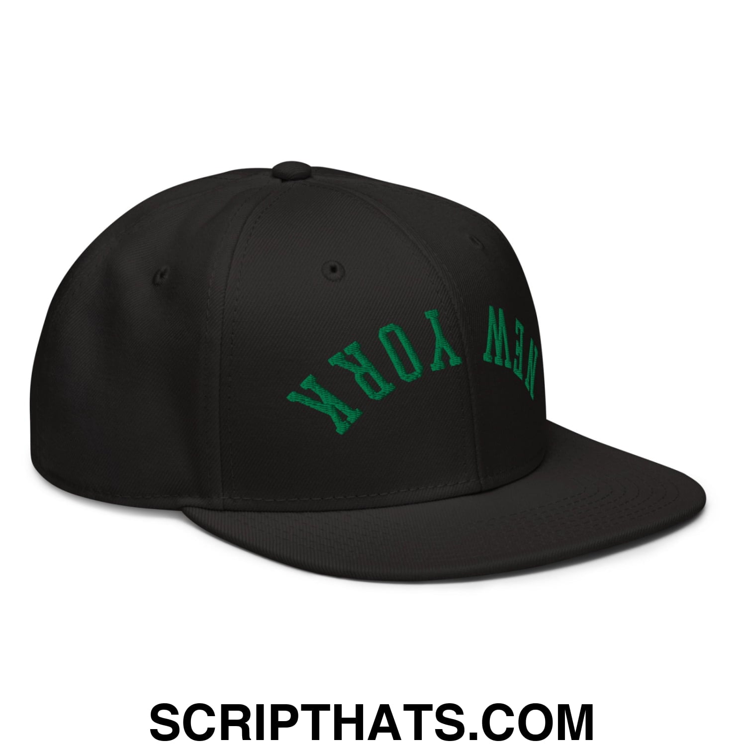 Upside Down New York Green Embroidered Flat Bill Brim Snapback Hat Black