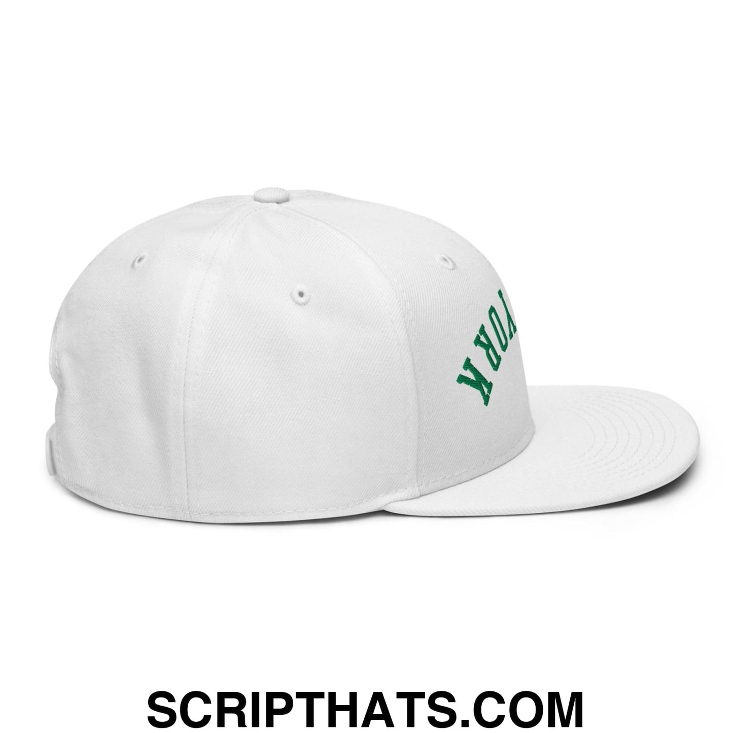 Upside Down New York Green Embroidered Flat Bill Brim Snapback Hat White