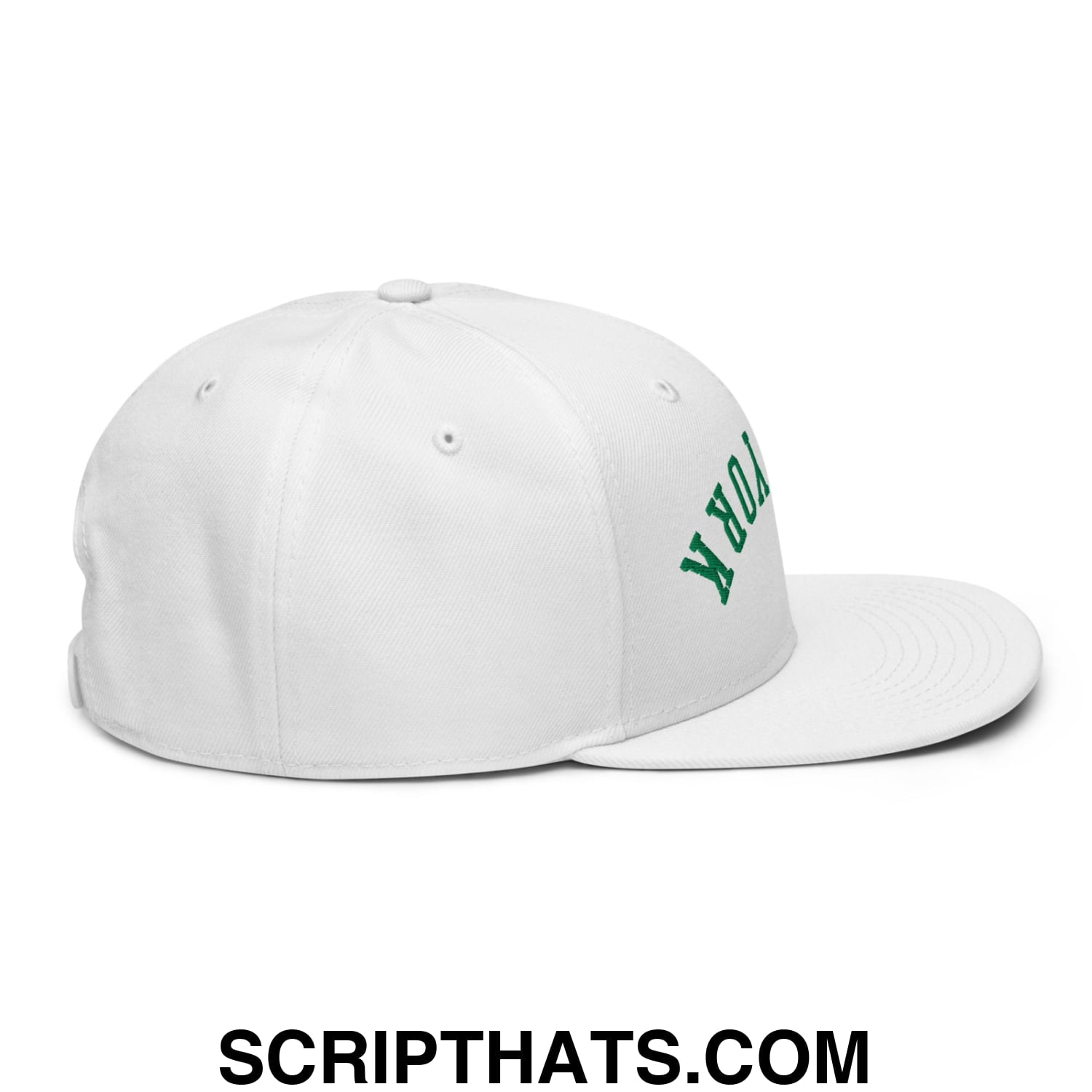 Upside Down New York Green Embroidered Flat Bill Brim Snapback Hat White