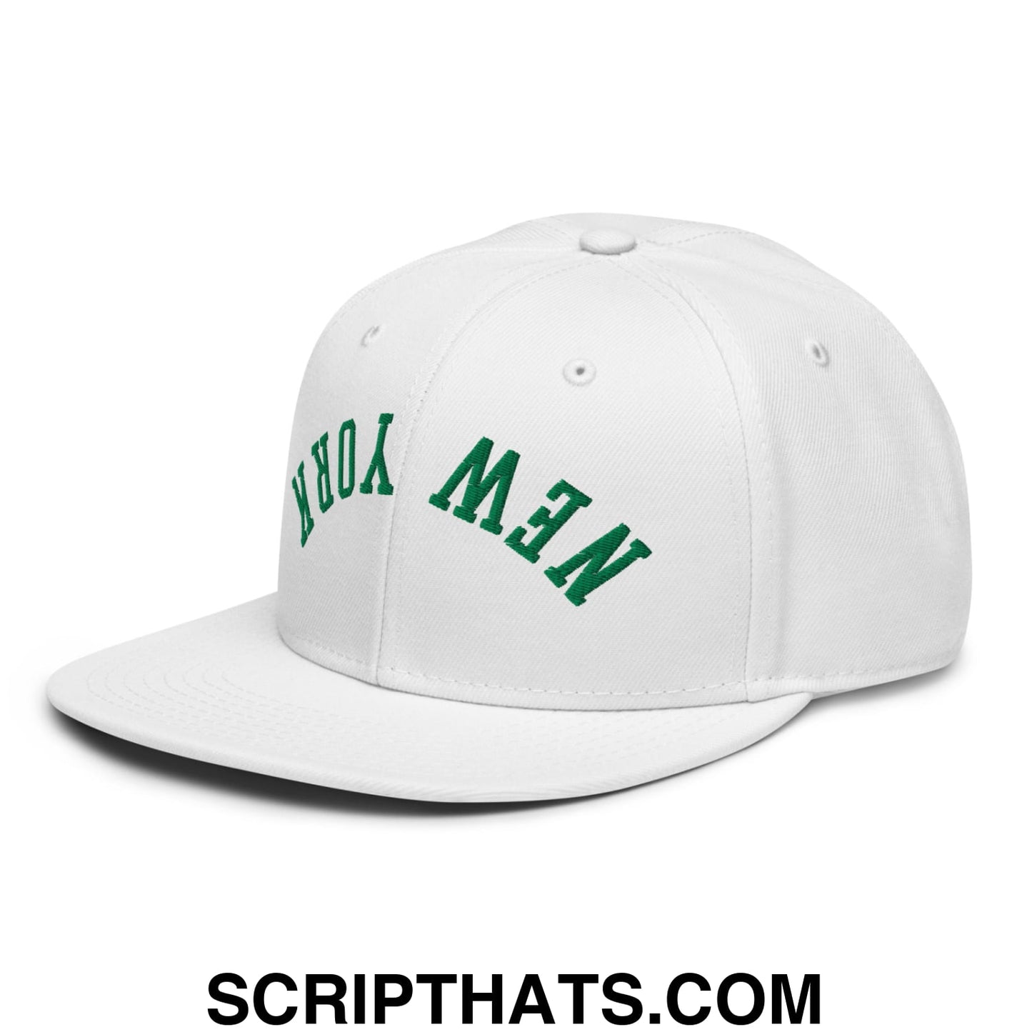 Upside Down New York Green Embroidered Flat Bill Brim Snapback Hat White