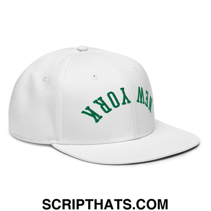 Upside Down New York Green Embroidered Flat Bill Brim Snapback Hat White