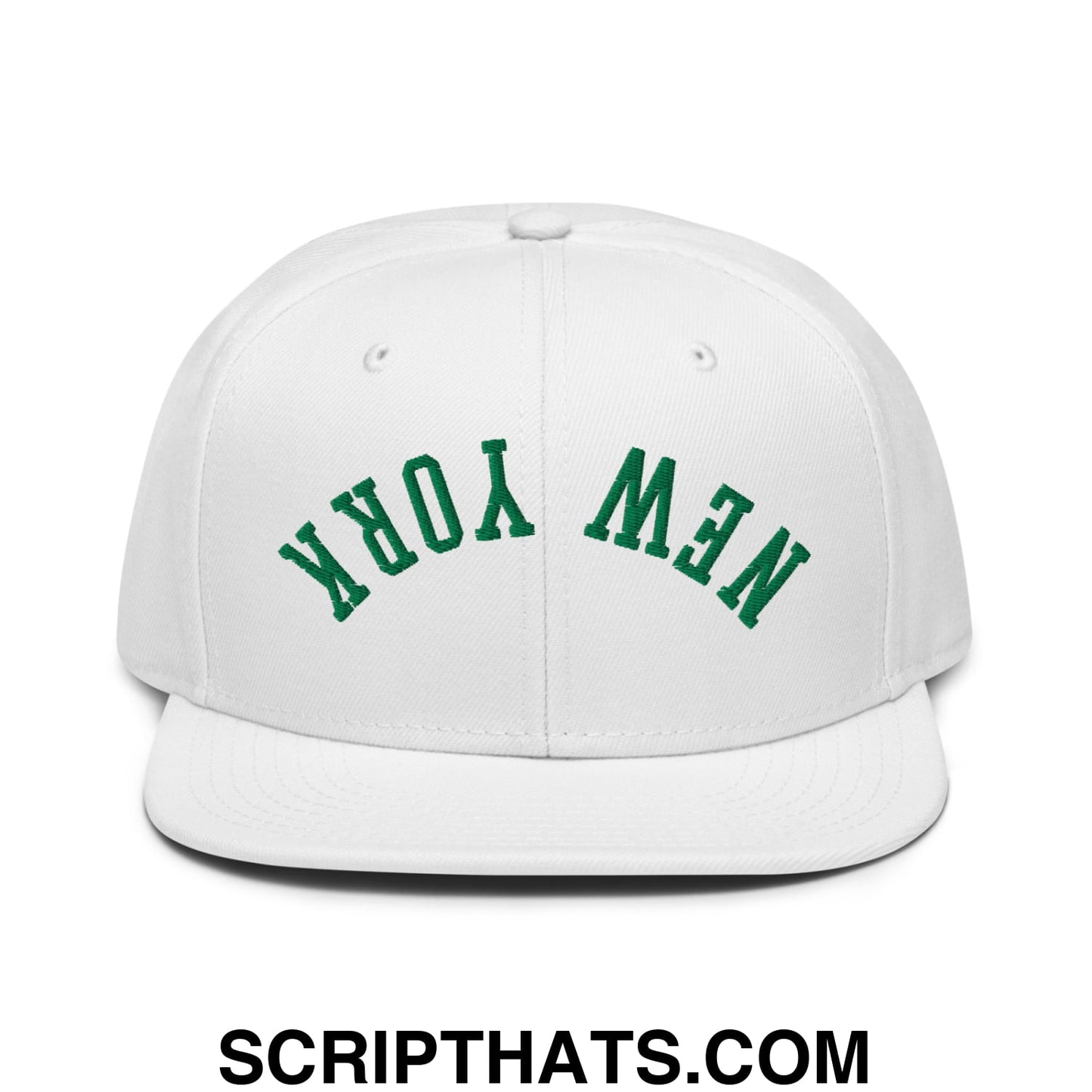 Upside Down New York Green Embroidered Flat Bill Brim Snapback Hat White