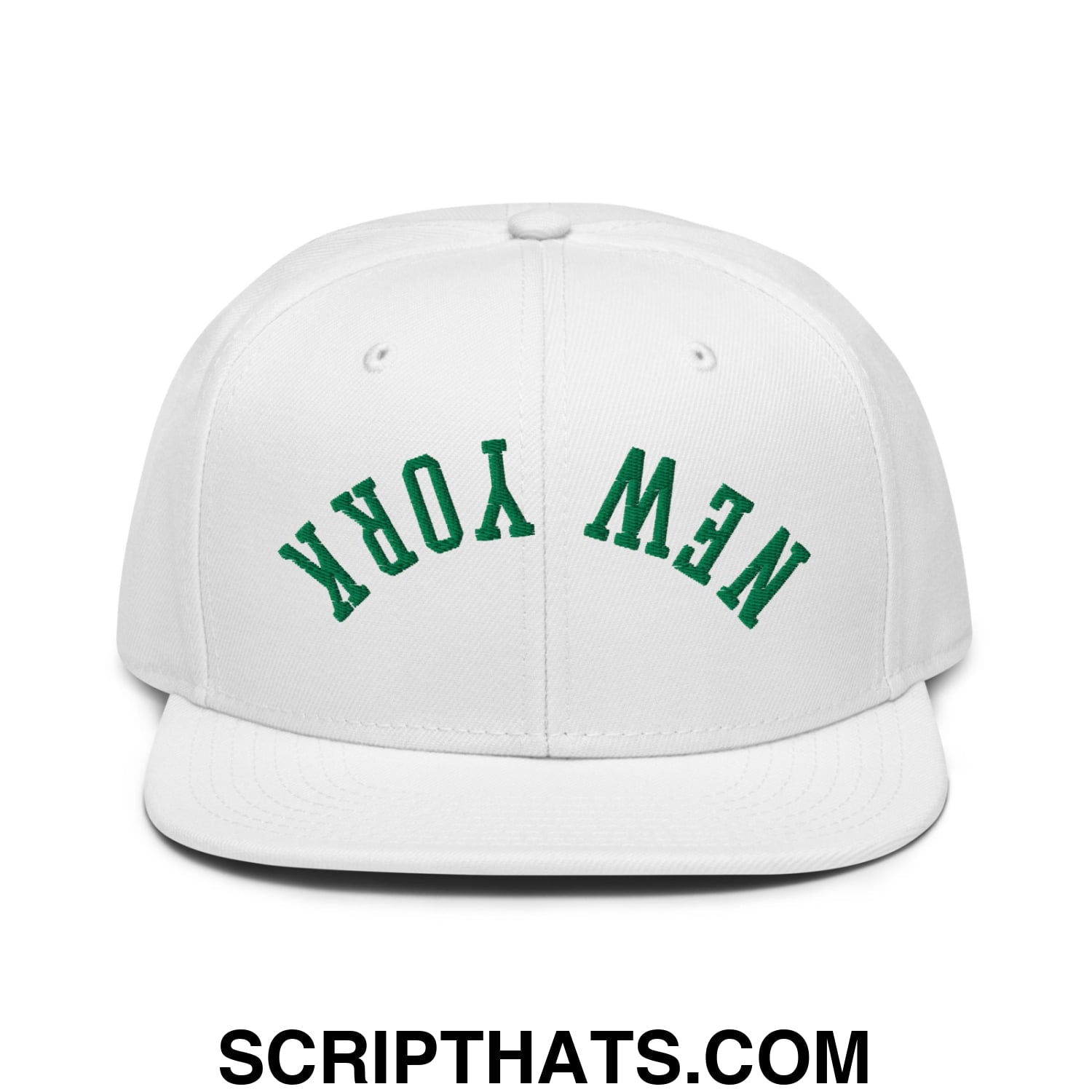 Upside Down New York Green Embroidered Flat Bill Brim Snapback Hat White