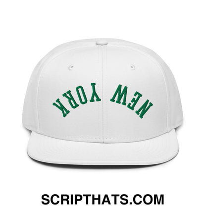 Upside Down New York Green Embroidered Flat Bill Brim Snapback Hat White