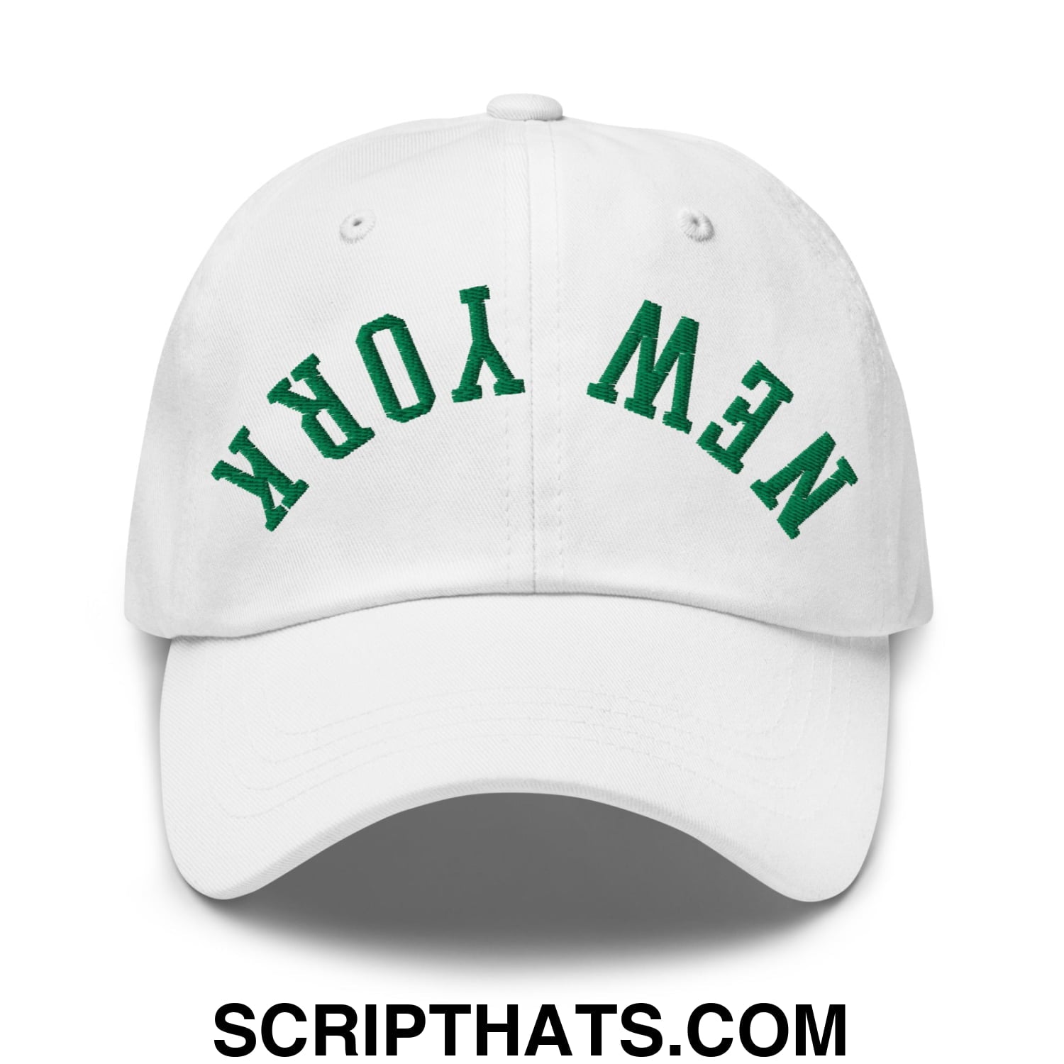 Upside Down New York Green Embroidered Unstructured Dad Hat White