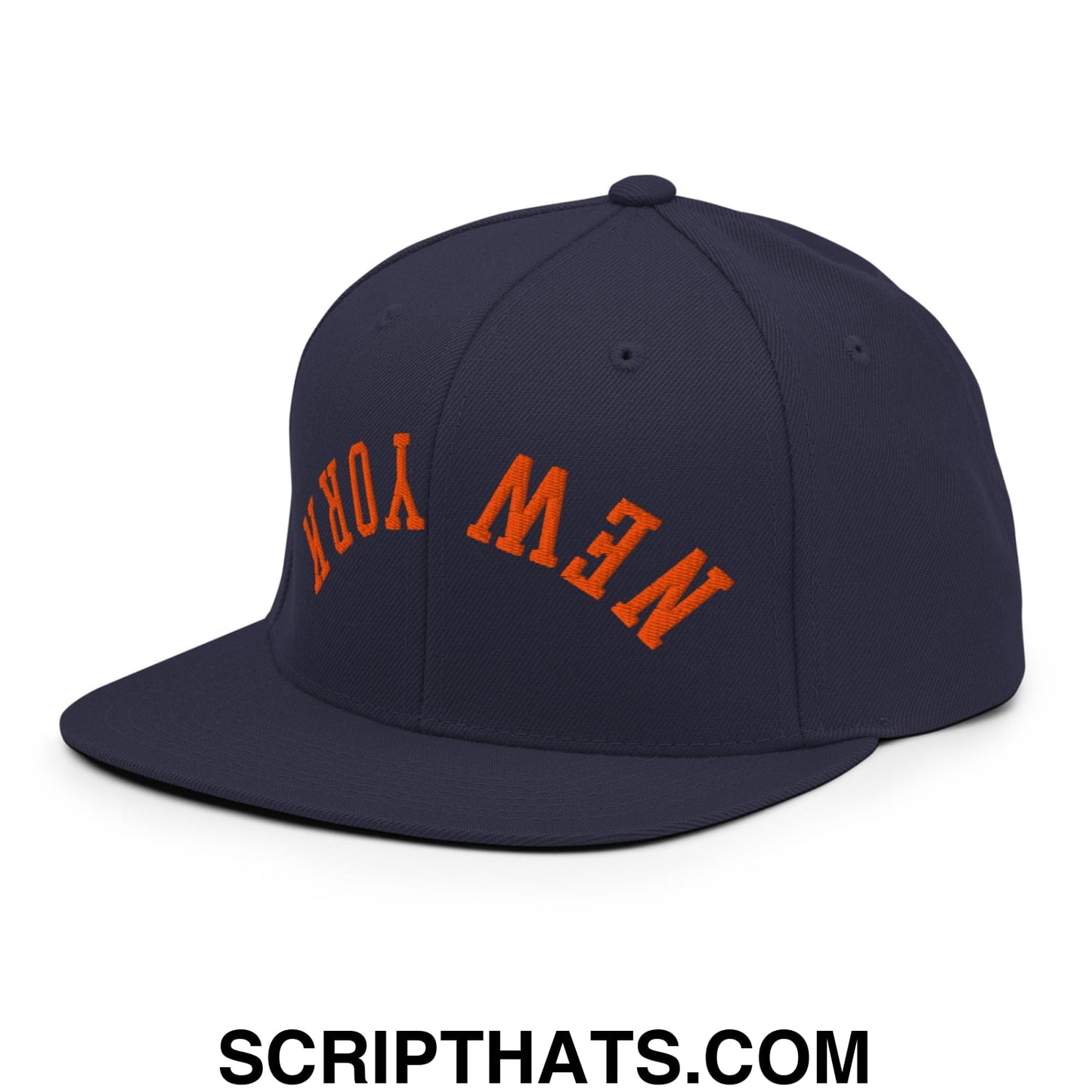 Upside Down New York Orange Embroidered Flat Bill Brim Snapback Hat Navy