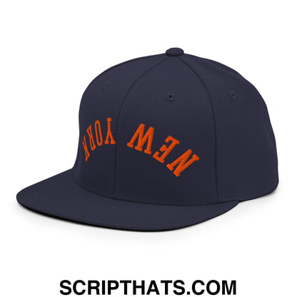 Upside Down New York Orange Embroidered Flat Bill Brim Snapback Hat Navy