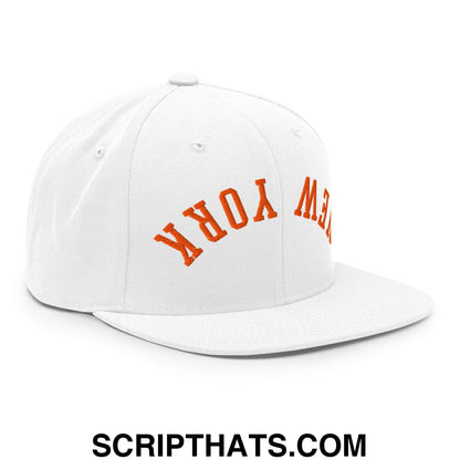 Upside Down New York Orange Embroidered Flat Bill Brim Snapback Hat White