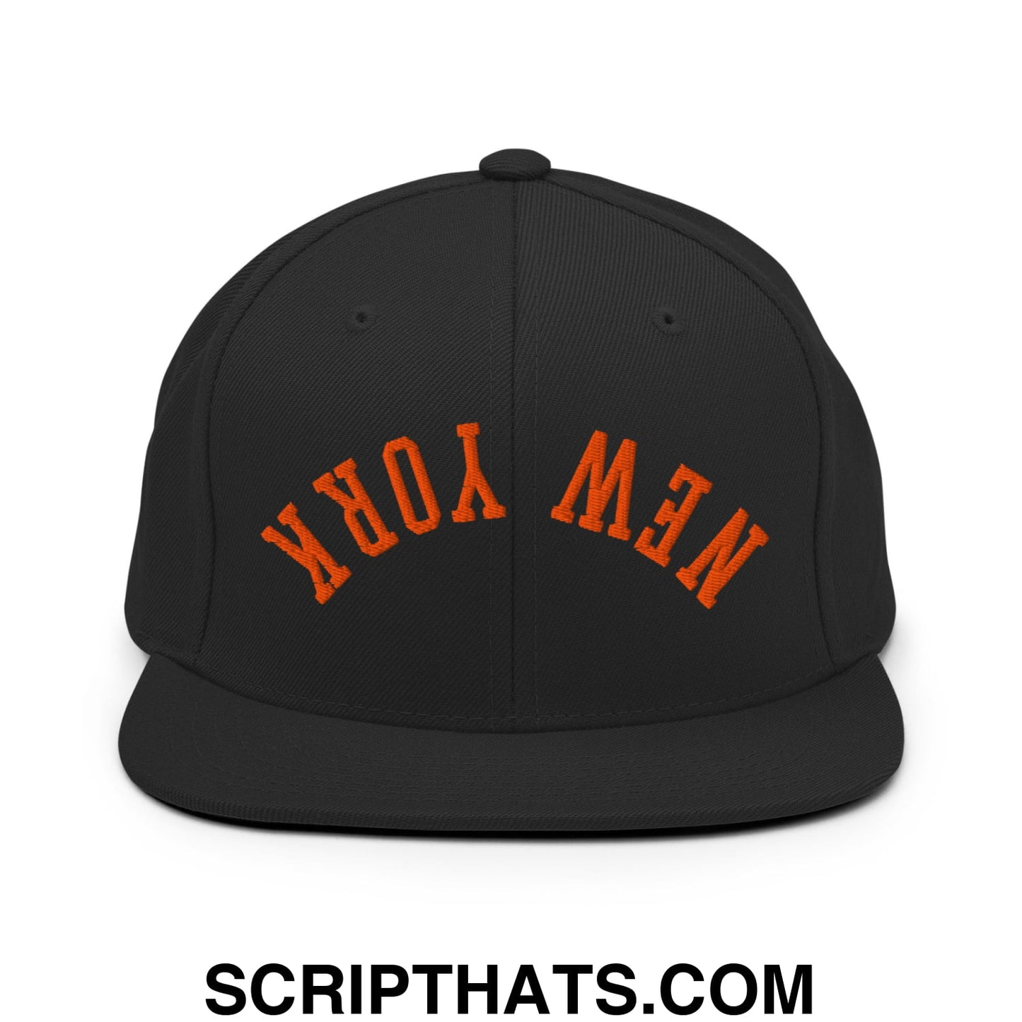 Upside Down New York Orange Embroidered Flat Bill Brim Snapback Hat Black