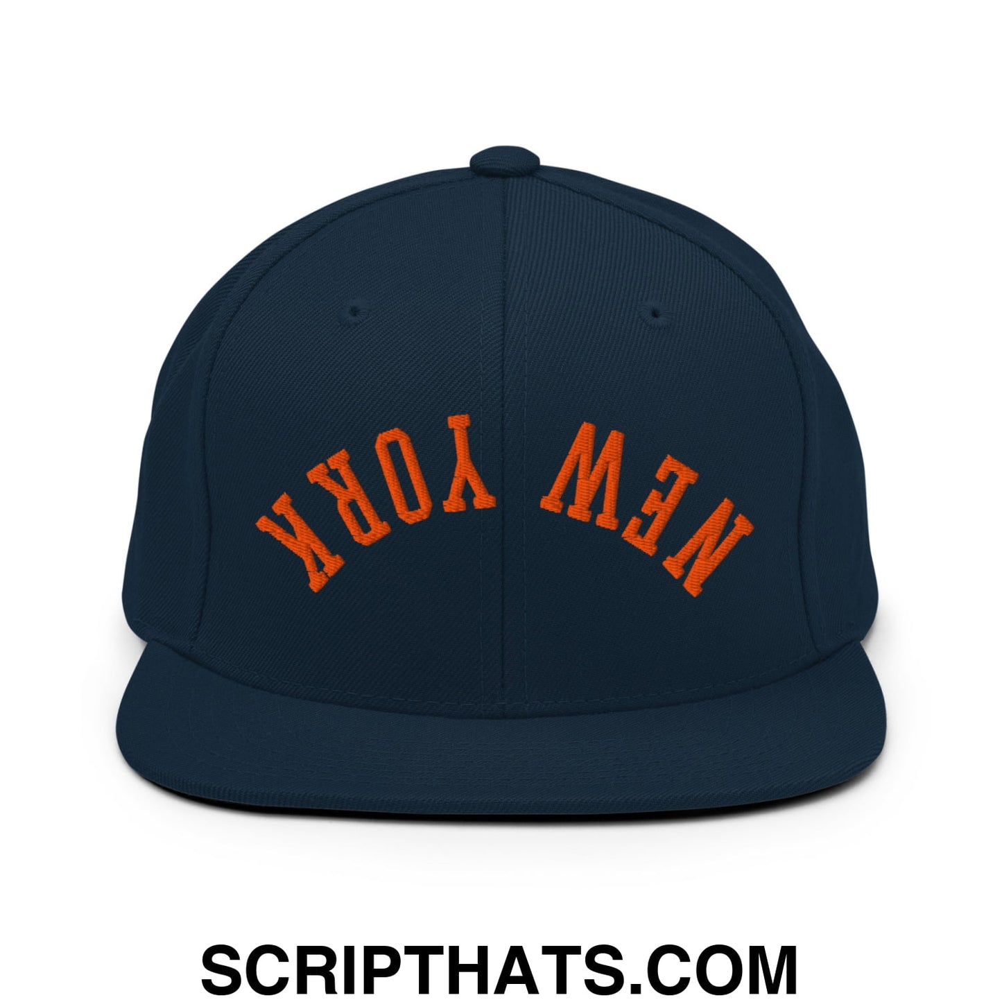 Upside Down New York Orange Embroidered Flat Bill Brim Snapback Hat Dark Navy