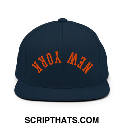 Upside Down New York Orange Embroidered Flat Bill Brim Snapback Hat Dark Navy