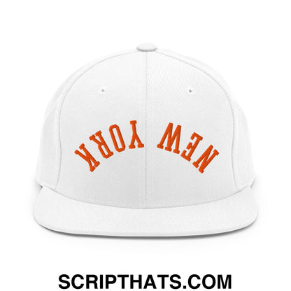 Upside Down New York Orange Embroidered Flat Bill Brim Snapback Hat White