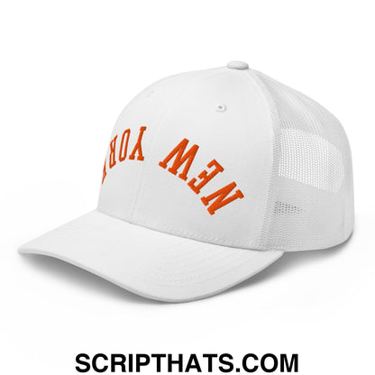 Upside Down New York Orange Embroidered Mesh Trucker Hat White