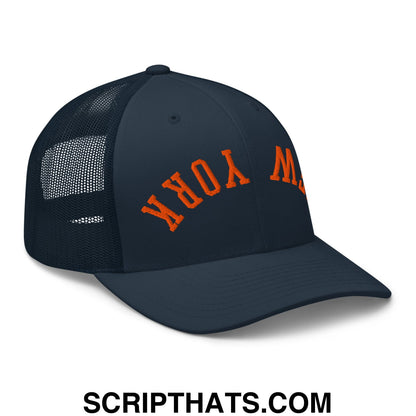 Upside Down New York Orange Embroidered Mesh Trucker Hat Navy