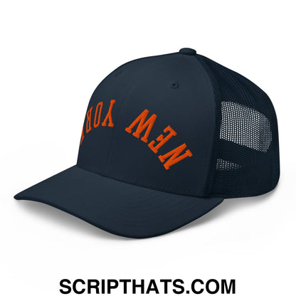 Upside Down New York Orange Embroidered Mesh Trucker Hat Navy