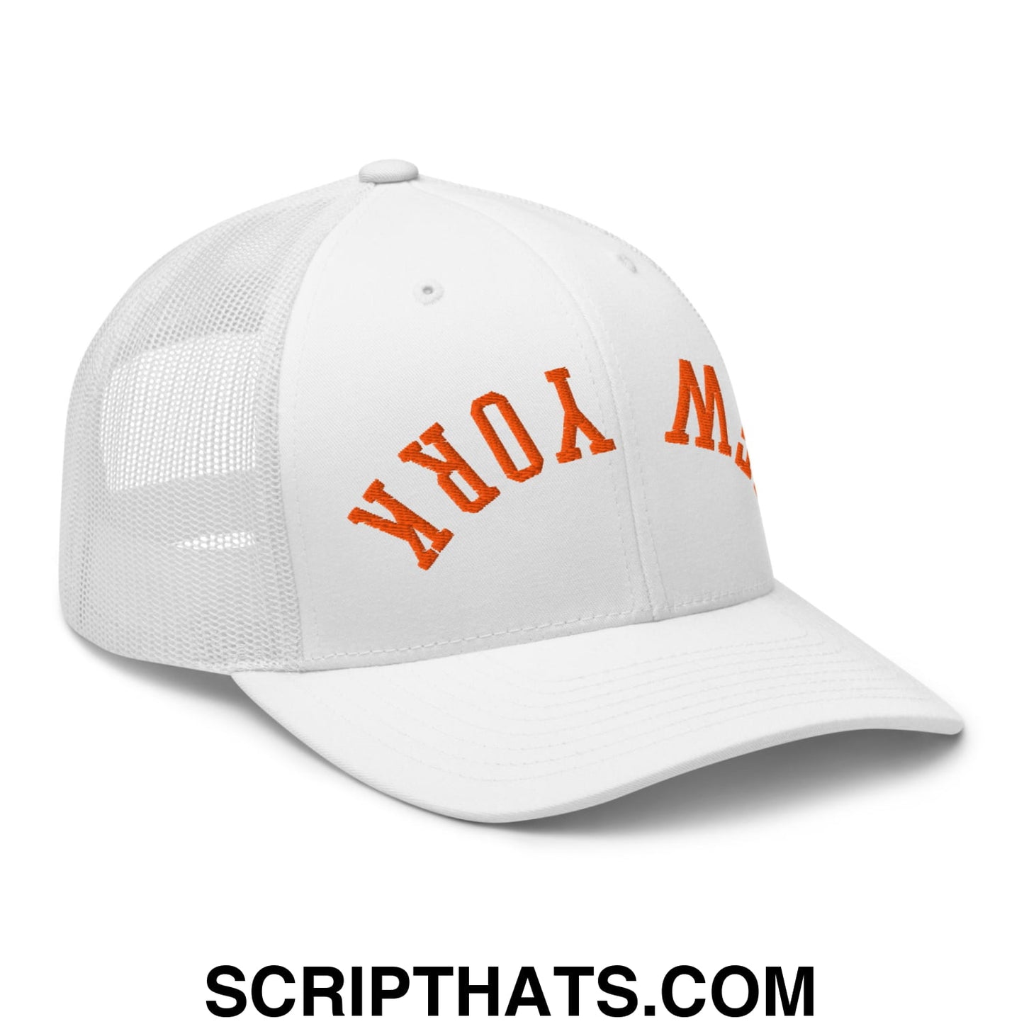 Upside Down New York Orange Embroidered Mesh Trucker Hat White