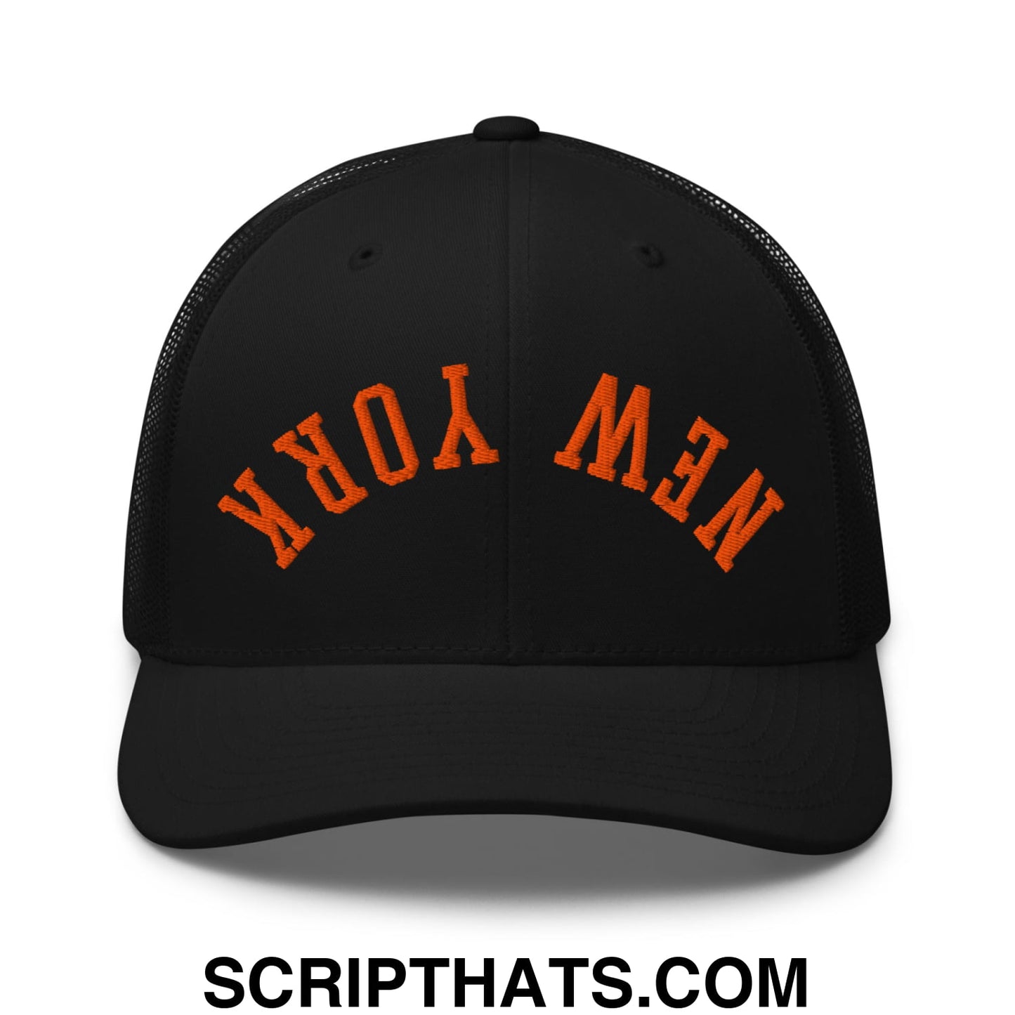 Upside Down New York Orange Embroidered Mesh Trucker Hat Black
