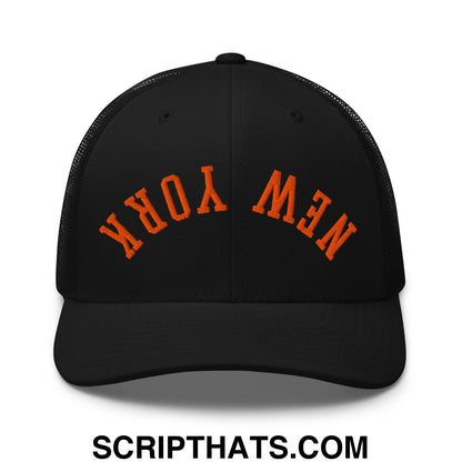 Upside Down New York Orange Embroidered Mesh Trucker Hat Black