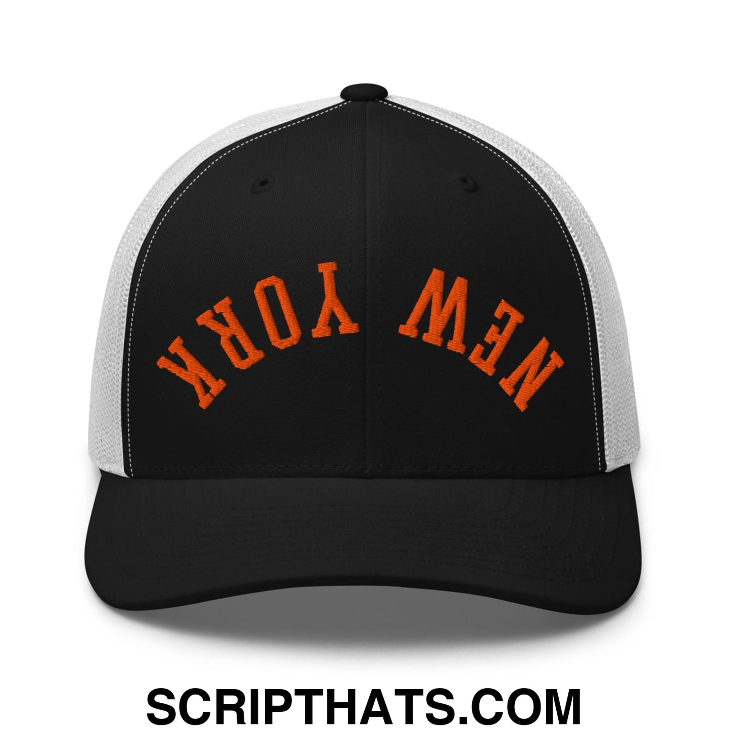 Upside Down New York Orange Embroidered Mesh Trucker Hat Black White