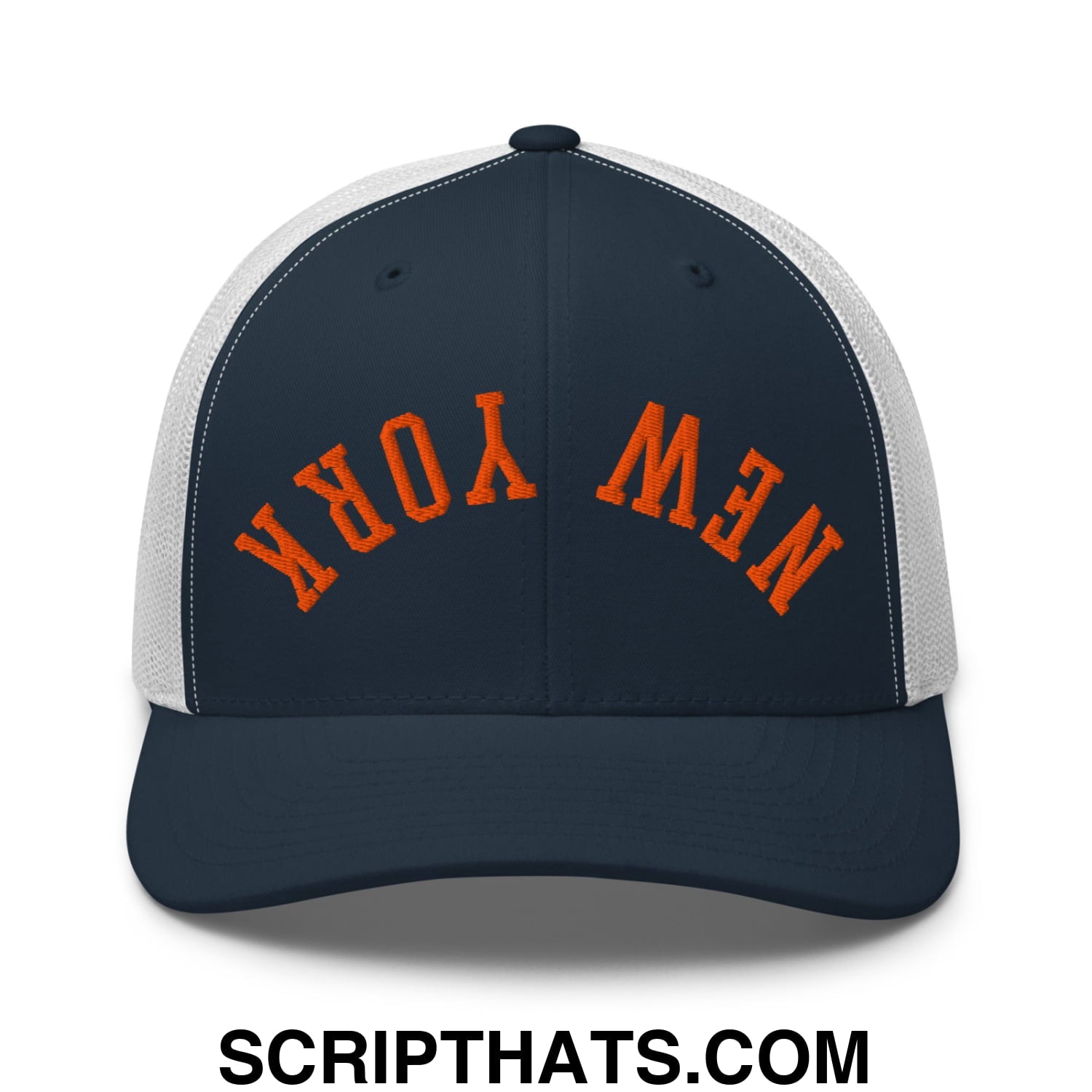 Upside Down New York Orange Embroidered Mesh Trucker Hat Navy White