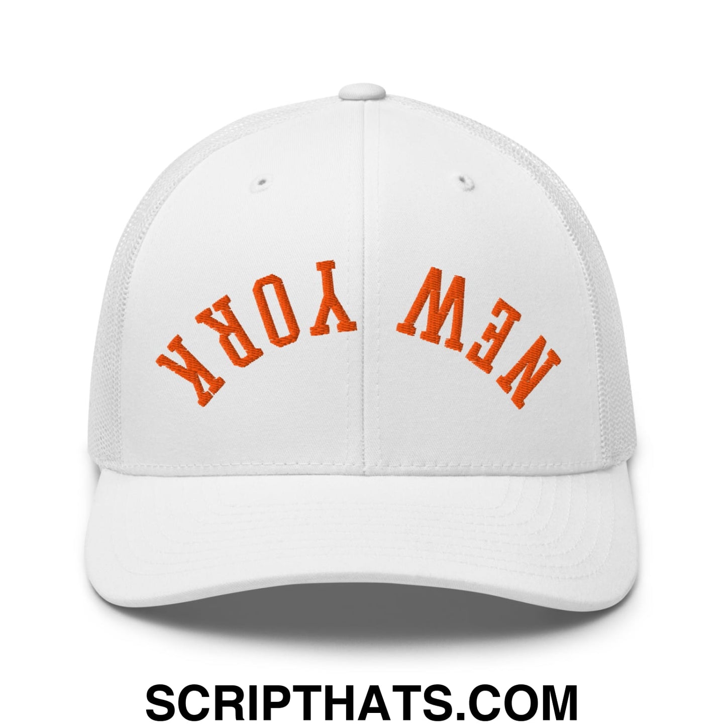 Upside Down New York Orange Embroidered Mesh Trucker Hat White