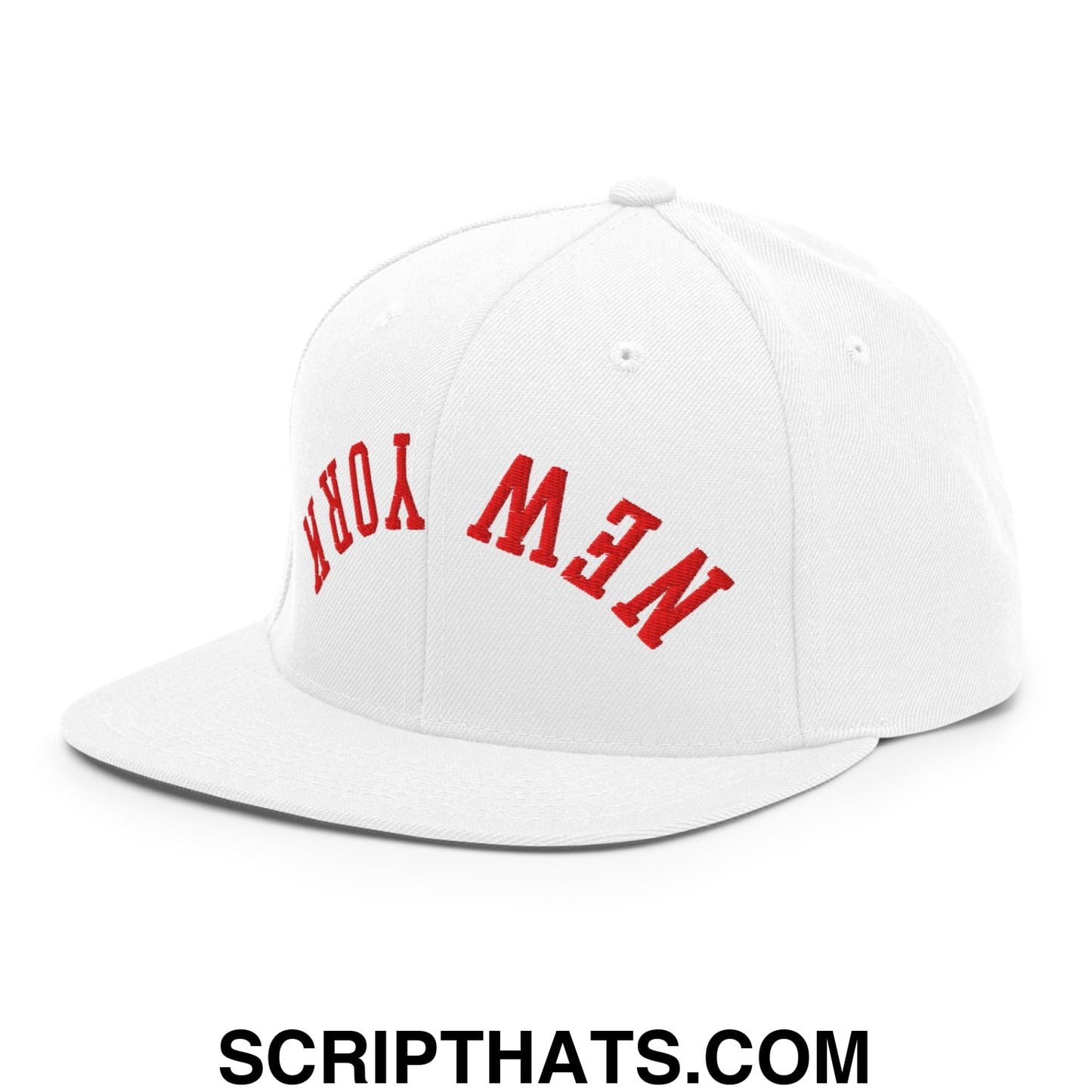 Upside Down New York Red Embroidered Flat Bill Brim Snapback Hat White