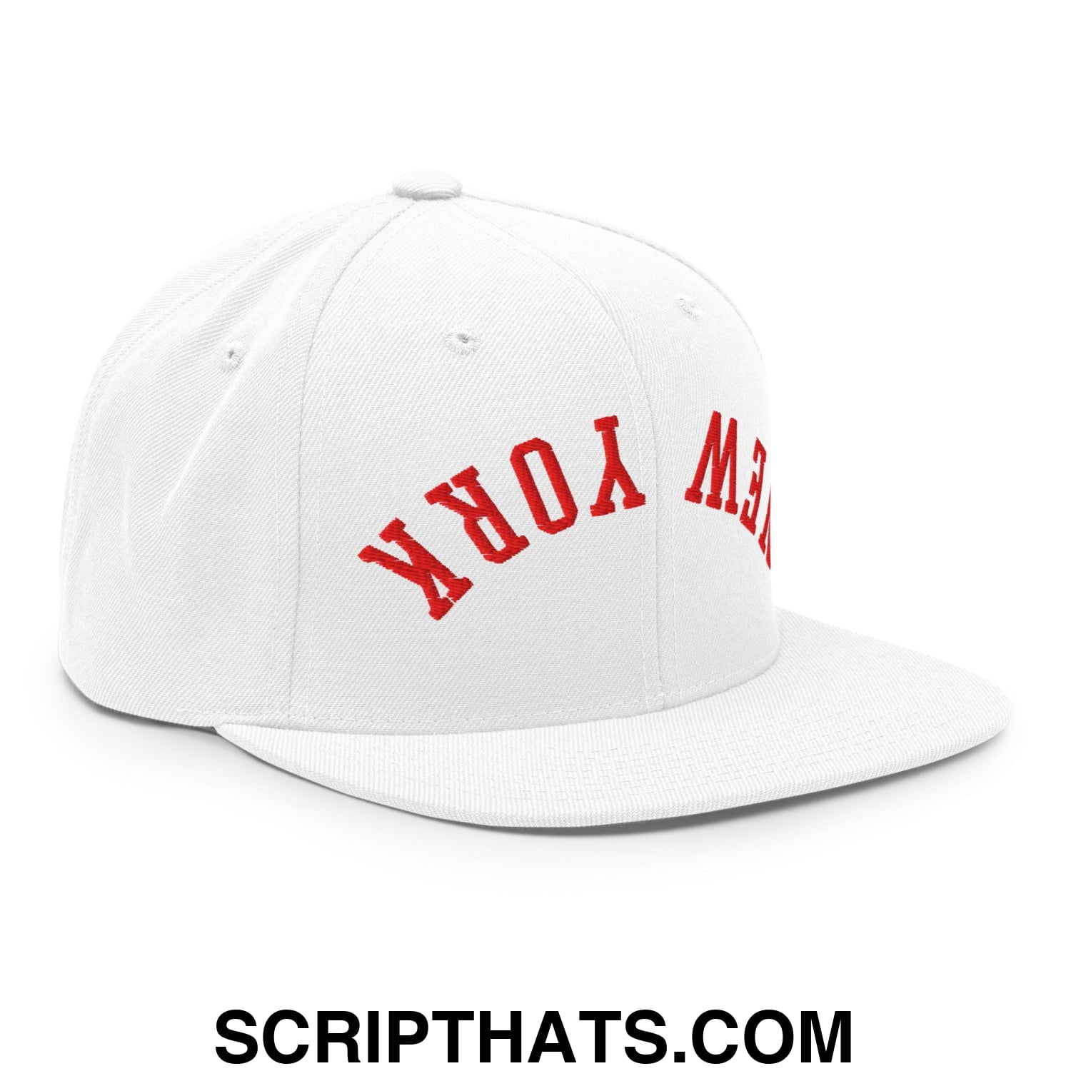 Upside Down New York Red Embroidered Flat Bill Brim Snapback Hat White