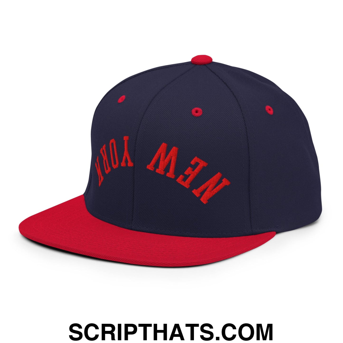 Upside Down New York Red Embroidered Flat Bill Brim Snapback Hat Navy Red
