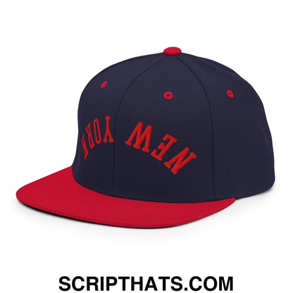 Upside Down New York Red Embroidered Flat Bill Brim Snapback Hat Navy Red