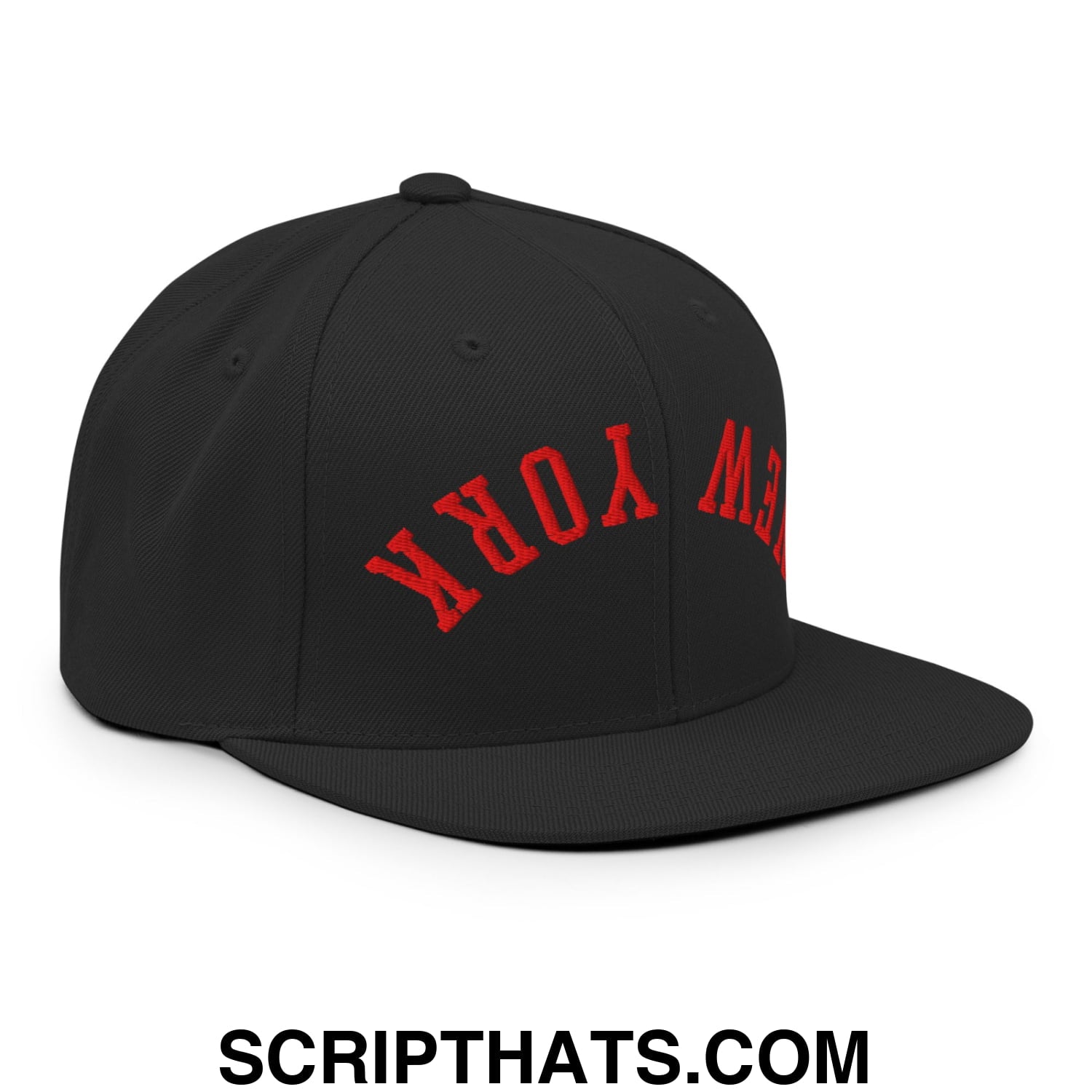 Upside Down New York Red Embroidered Flat Bill Brim Snapback Hat Black