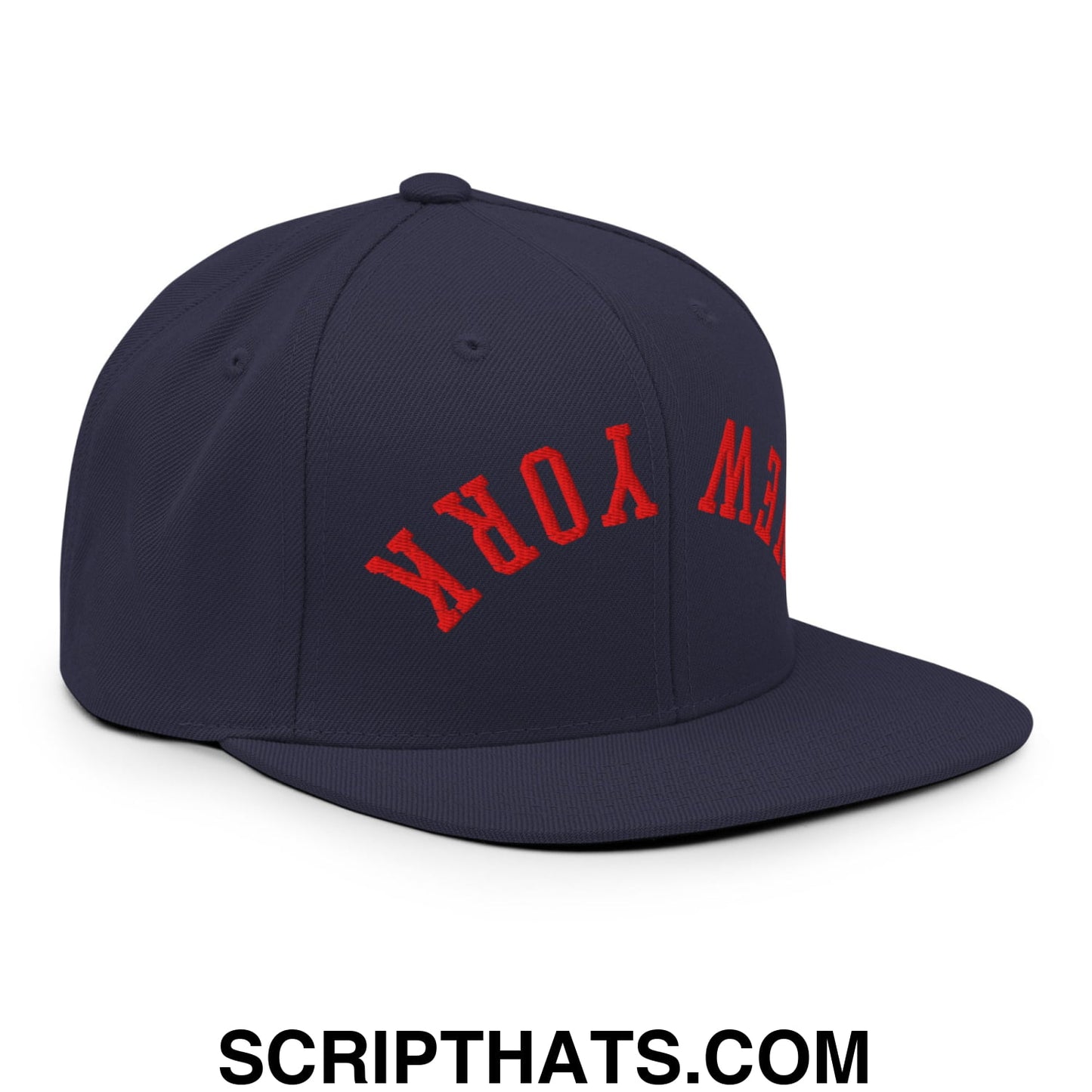 Upside Down New York Red Embroidered Flat Bill Brim Snapback Hat Navy