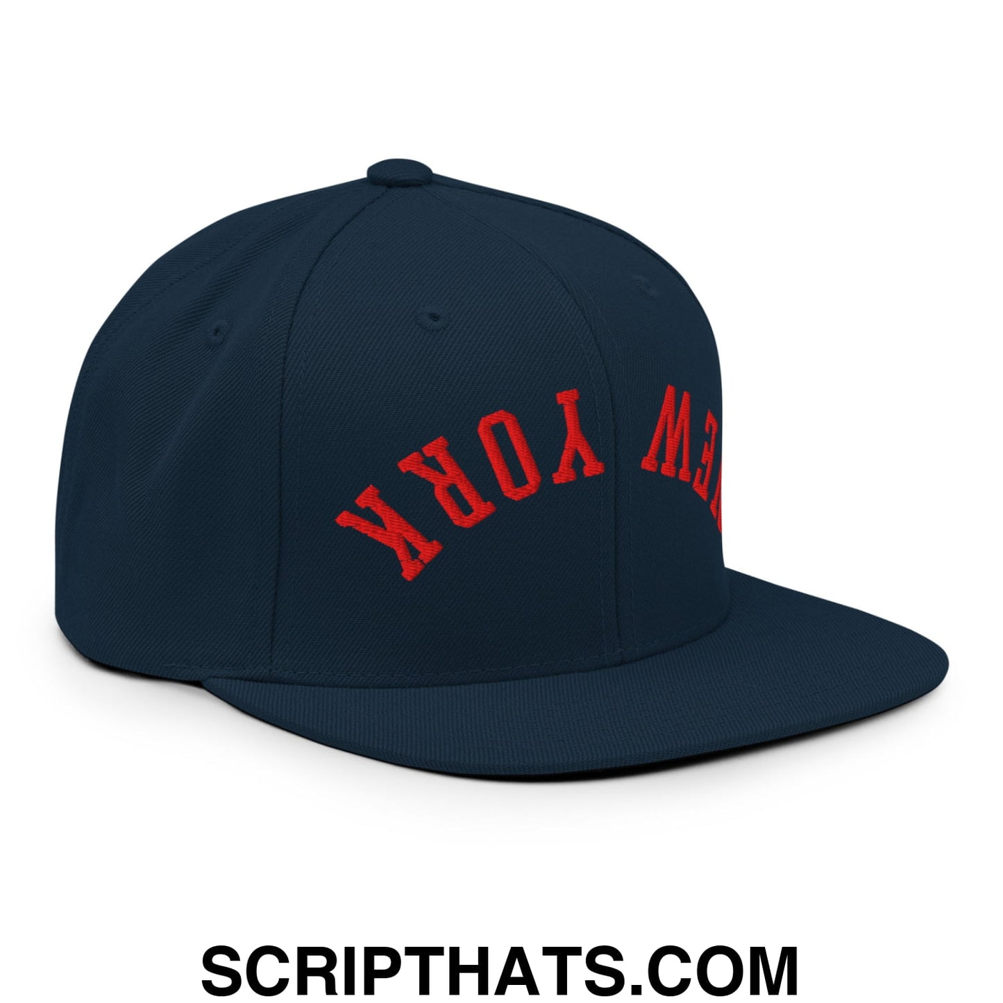 Upside Down New York Red Embroidered Flat Bill Brim Snapback Hat Dark Navy