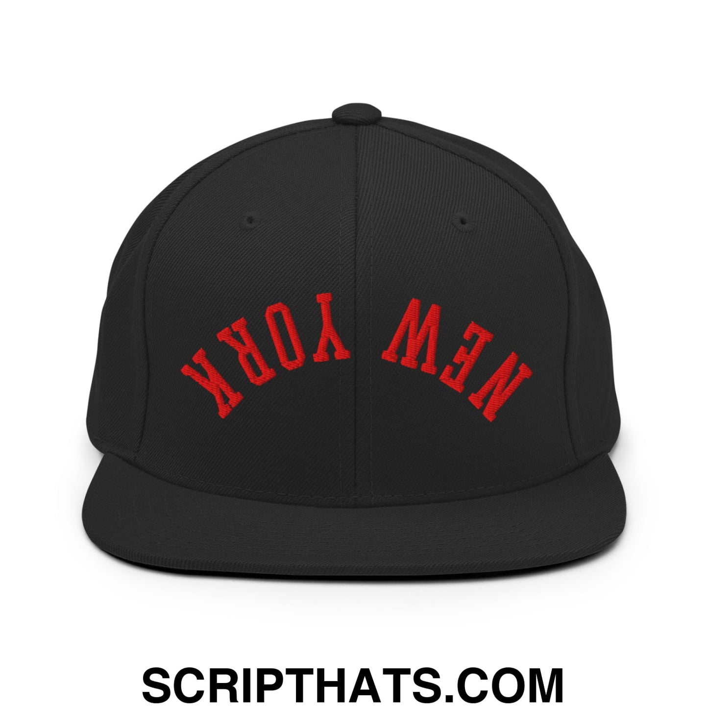 Upside Down New York Red Embroidered Flat Bill Brim Snapback Hat Black