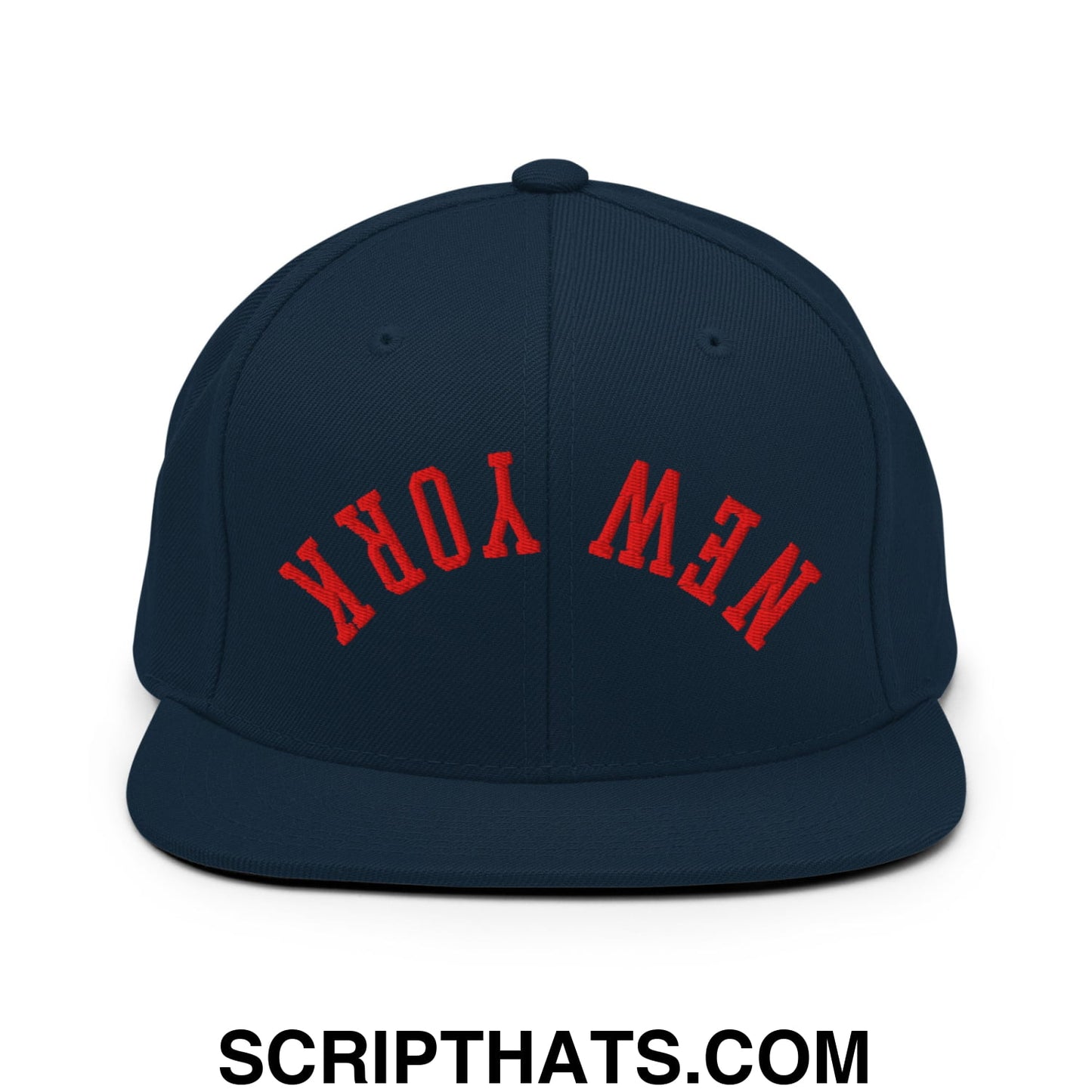 Upside Down New York Red Embroidered Flat Bill Brim Snapback Hat Dark Navy