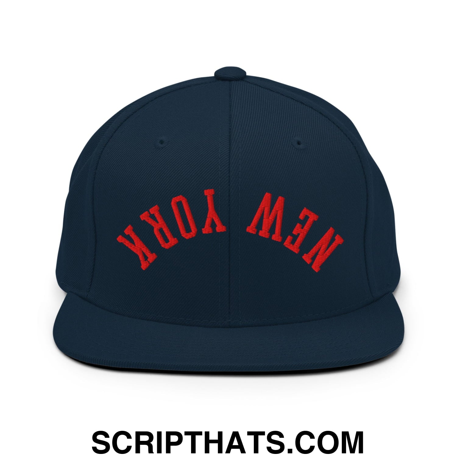 Upside Down New York Red Embroidered Flat Bill Brim Snapback Hat Dark Navy